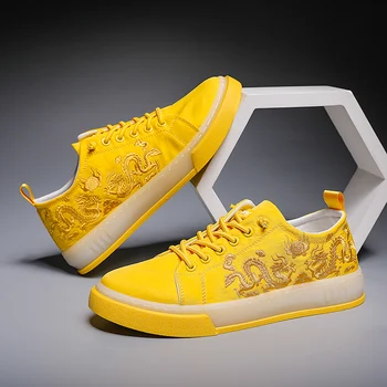 מזדמנים גברים נעלי ספורט נעלי נעלי הספורט הדרקון רקום Mens נעלי מעצבים נוח סין צהוב סניקרס גברים נעלי בד