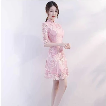 בנות ורוד Cheongsam שמלת 2023 אביב שמלה חדשה מקוצר יומי אופנה שונה סינית צעירה שמלה בסגנון צ ' יפאו השמלה