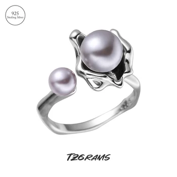 TZgrams 925 כסף סטרלינג כפול אפור פגז פנינה, טבעות לנשים, פרחוני טבעת פתוחה בנות הקסם האיטלקי תכשיטי משלוח חינם